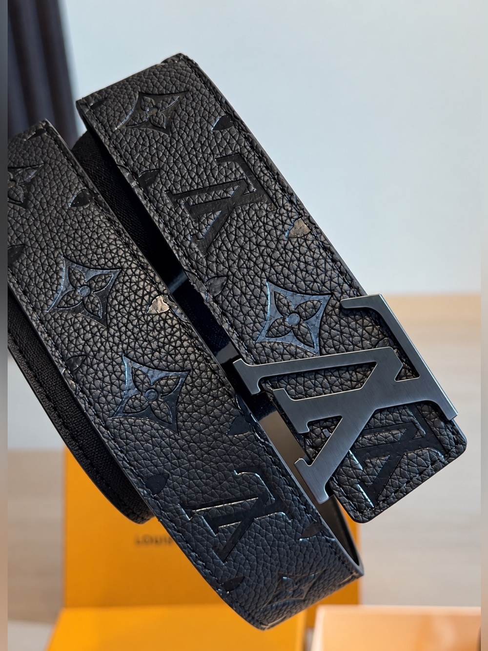 Louis Vuitton Black Embossed Monogram Leather Belt with Matte LV Buckle